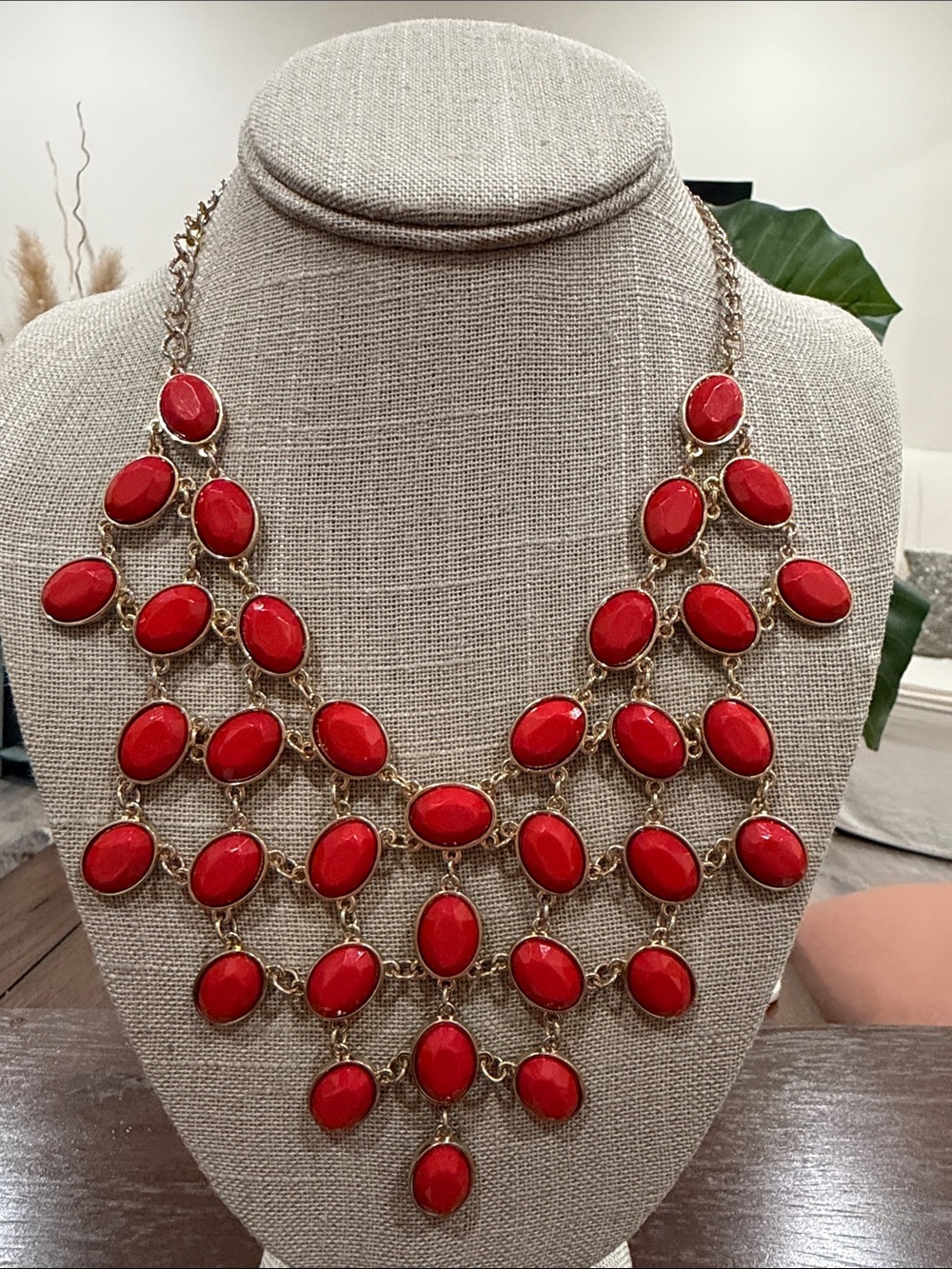 Red Statement Bib Necklace - Gold Chain